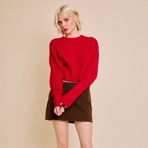 Dolman  Sleeve Cable Knit Cropped Sweater with Pocket - Le Lis